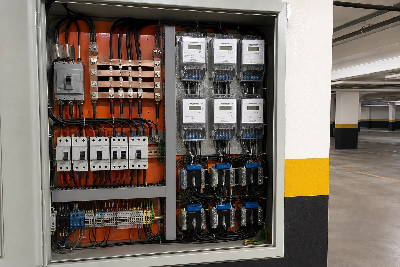 Quadro de medição de energia com TCs na subestação da garagem do condomínio